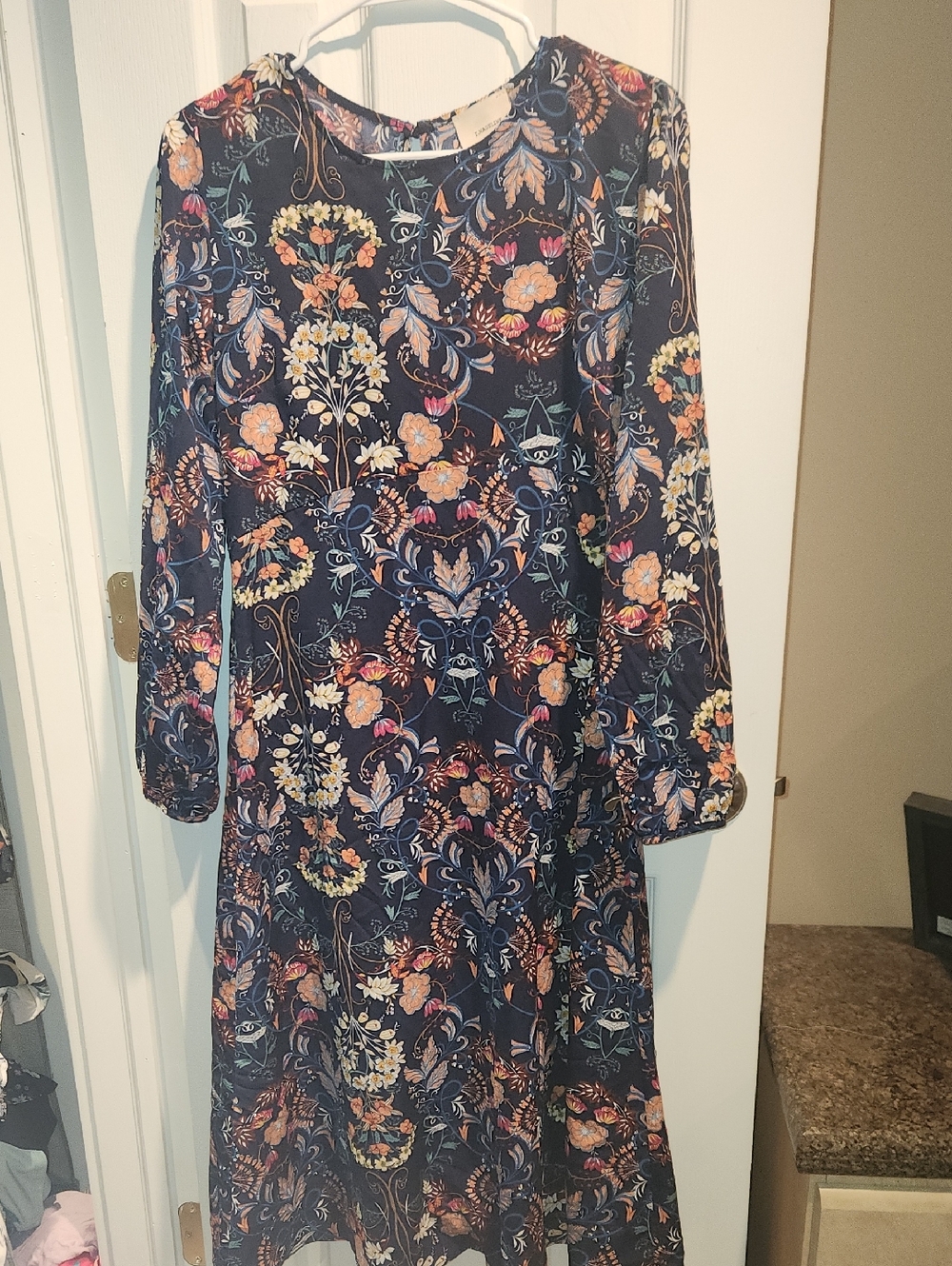 I. Madeline Garden Splendor Navy Blue Floral Print Long-Sleeve Midi Dress